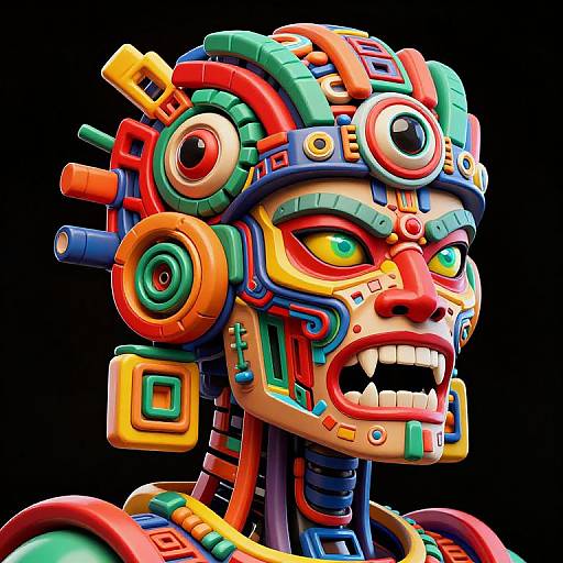 Vibrant, digital, abstract portrait of a fierce, colorful, mechanized face with red, yellow, blue, and green geometric patterns, set