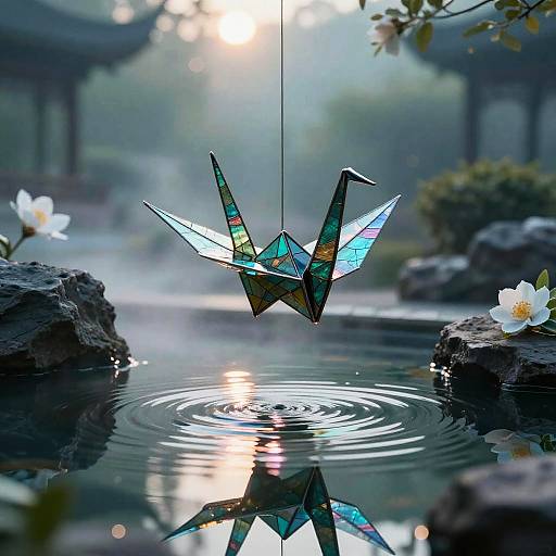 Radiant Origami Crane Over Zen Garden