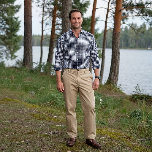Photograph of a smiling middle-aged man with short brown hair, wearing a black-and-white checkered shirt and beige pants, standing on a grassy