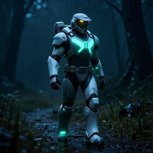 Futuristic Soldier in Glowing Armor Walking in Rainy Forest