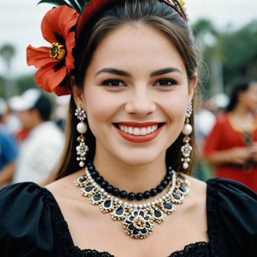 Smiling Woman in Traditional Costume with Floral Accessory