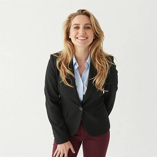 Photograph of a smiling blonde woman with wavy hair, wearing a black blazer over a light blue shirt and maroon pants, standing against a
