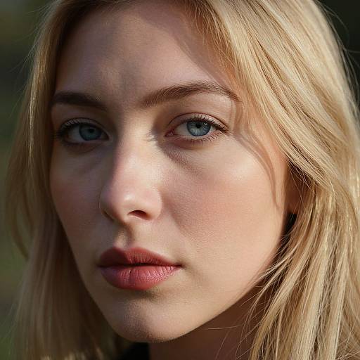 Close-up photograph of a young woman with fair skin, blue eyes, and blonde hair, looking intently at the camera. Soft natural light highlights her