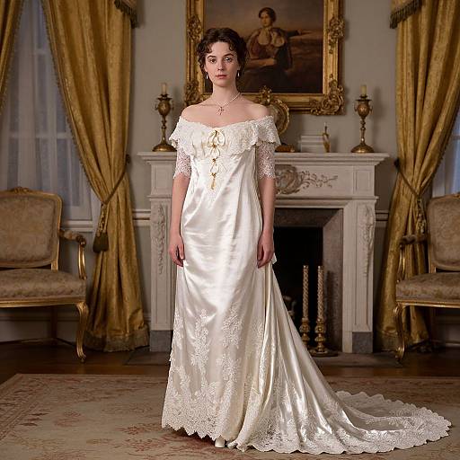 Photograph of a fair-skinned woman with dark hair, wearing an off-shoulder, white satin wedding gown with lace details, standing in an