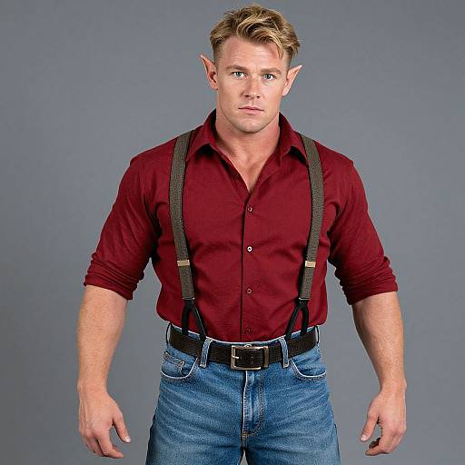 Photograph of a muscular, blonde-haired man with elf ears, wearing a red button-up shirt, blue jeans, and black suspenders, against a