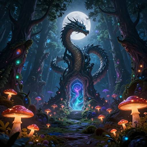 Digital fantasy artwork of a dark, serpentine dragon with glowing blue eyes, standing before a mystical glowing portal in a moonlit, enchanted forest filled