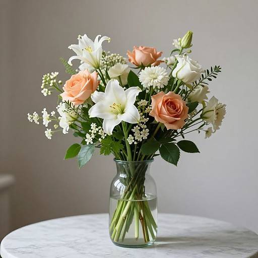 Photograph of a glass vase filled with peach roses, white lilies, and small white flowers, set on a marble table.