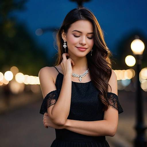 Elegant Woman in Black Dress with Jewelry at Night
