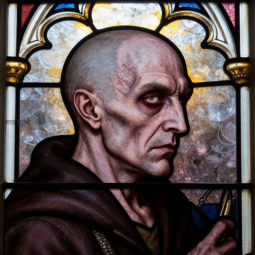Stained glass portrait of a bald, pensive elderly man with a wrinkled face, wearing a dark hooded cloak, illuminated by vibrant, colorful