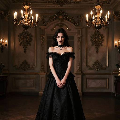 Photograph of a dark-haired woman in an off-the-shoulder black lace gown, standing in an ornate, dimly-lit room with