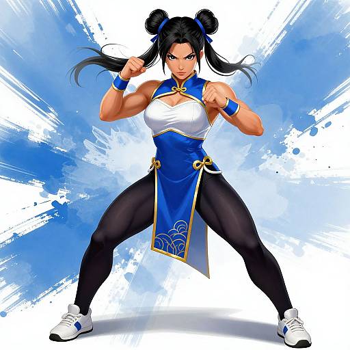 Digital art of Chun-Li from Street Fighter, in blue and white qipao, black leggings, and sneakers, in fighting stance with fists raised