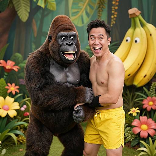 Photograph of a shirtless Asian man in yellow shorts standing joyfully beside a large, smiling gorilla in a colorful jungle backdrop with bananas and flowers