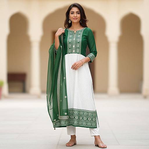 Photograph of a South Asian woman with medium skin tone, dark hair, wearing a green embroidered kameez and white salwar, standing in an
