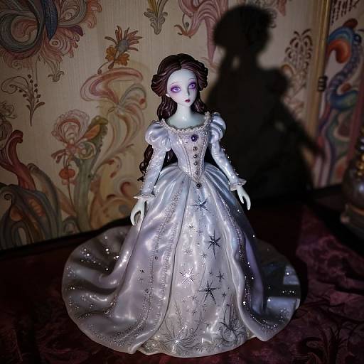 Photograph of a porcelain doll with pale blue skin, long brown hair, and a silver star-patterned gown, standing against an ornate, floral