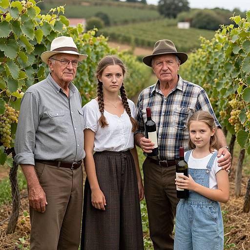 Photograph of four people in a vineyard: three elderly men in hats and plaid shirts, and a young woman with two girls, holding wine