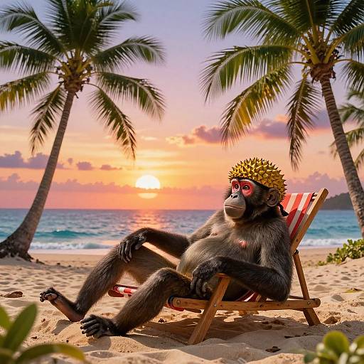 Photorealistic image of a relaxed monkey wearing a pineapple crown, lounging on a striped beach chair under a sunset, with palm trees and ocean in