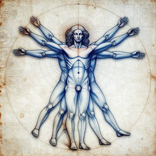 Digital illustration of a blue-toned, multi-armed, and multi-legged figure with a halo, resembling Leonardo da Vinci's Vitruvian Man