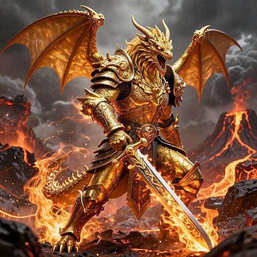 Digital fantasy artwork of a golden dragon warrior with wings, armored in intricate gold plate, holding a flaming sword, standing amidst a volcanic landscape with erupting