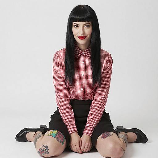 Smiling Woman with Tattoos and Checkered Shirt