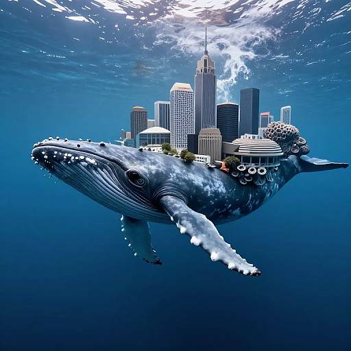 Digital artwork of a massive blue whale swimming underwater, carrying a surreal cityscape with skyscrapers and buildings on its back.