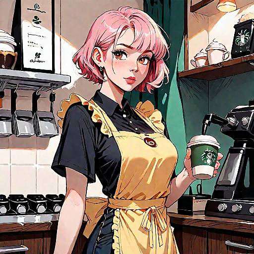 Digital anime-style drawing of a pink-haired barista in a yellow apron, holding a Starbucks cup, standing in a brightly lit café.