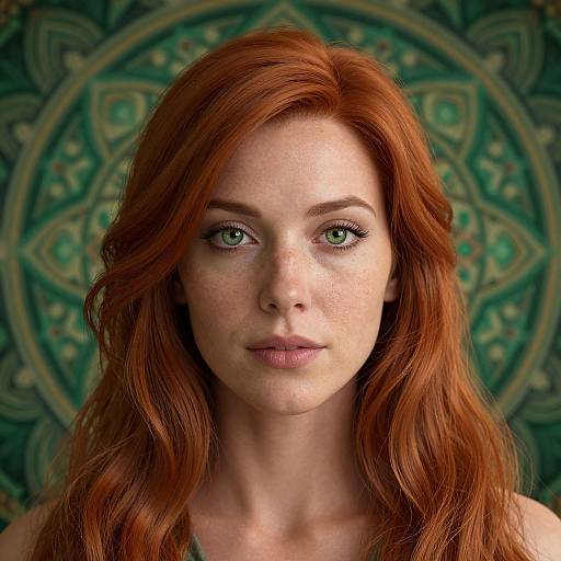 Photograph of a fair-skinned, freckled woman with vibrant red hair, green eyes, and subtle makeup, set against a green, mand