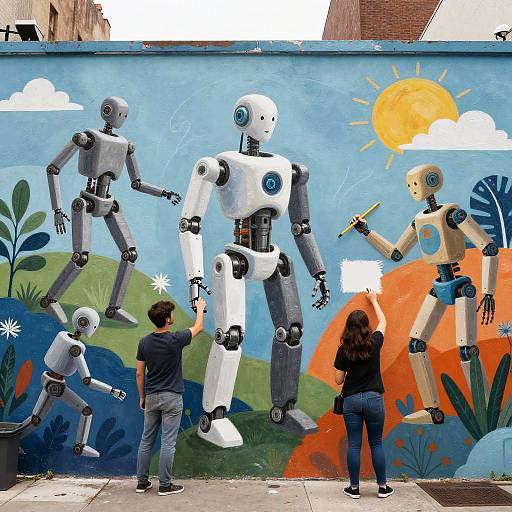 Photograph of two people admiring a colorful, detailed mural of four robot figures in a bright, sunny outdoor setting.