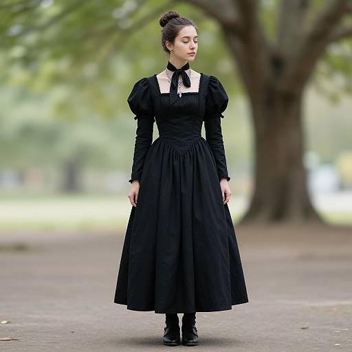 Photograph of a young woman with fair skin and dark hair in a bun, wearing a black Victorian-style dress with puffed sleeves and a white lace