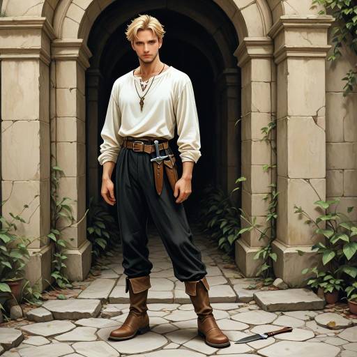 Young man in medieval attire with sword and knife