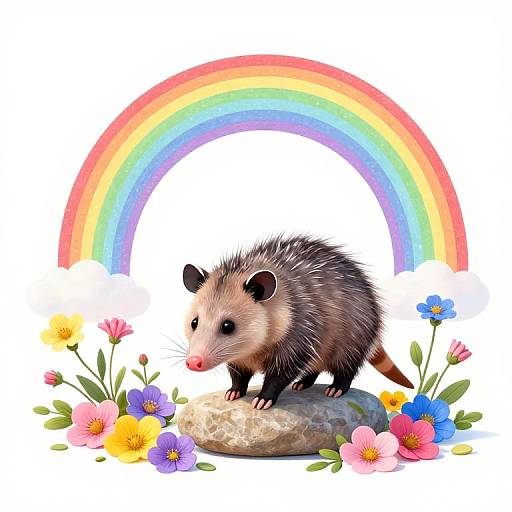 Digital illustration of a cute, black-and-white opossum standing on a rock, surrounded by colorful flowers, with a vibrant rainbow in the background.