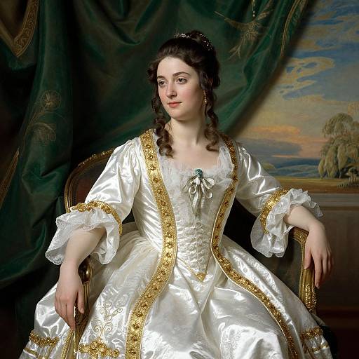 18th-century portrait of a fair-skinned woman with dark curls, wearing an ornate white satin dress with gold trim, seated against a green curtain