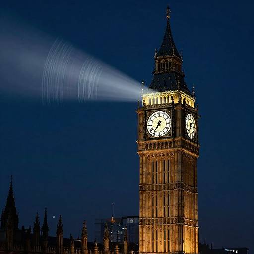 Photograph of Big Ben at night, illuminated with yellow lights, emitting a blue light beam from its clock face against a dark blue sky.