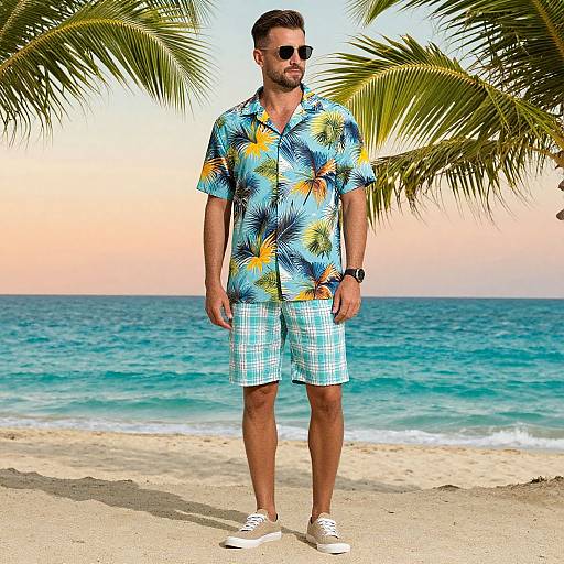 Photograph of a bearded man in a colorful floral shirt, blue plaid shorts, white sneakers, sunglasses, and a watch, standing on a