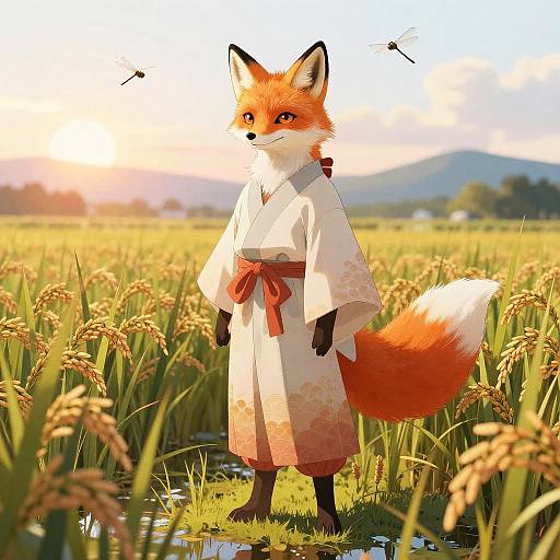 Anthropomorphic Fox Deity in Rice Field at Sunrise