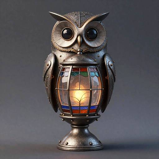 Whimsical Clockwork Owl with Stained-Glass Lantern
