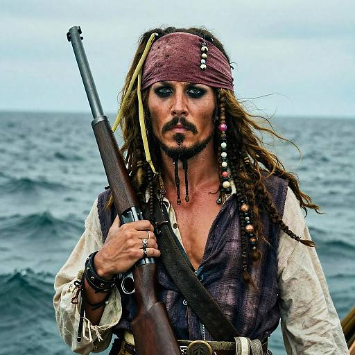 Photograph of a rugged, long-haired pirate with a maroon bandana, dreadlocks, and eye makeup, holding a rifle, against a storm