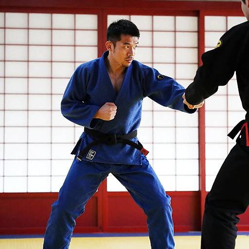 Asian Man Practicing Judo in Navy Gi