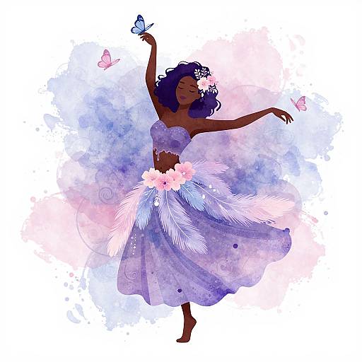Digital watercolor of a dark-skinned woman dancing in a purple, feathered dress, with butterflies and flowers, arms gracefully raised.
