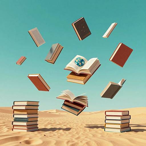 Digital illustration of open and floating books against a blue sky, with two stacks of books on sandy dunes below.