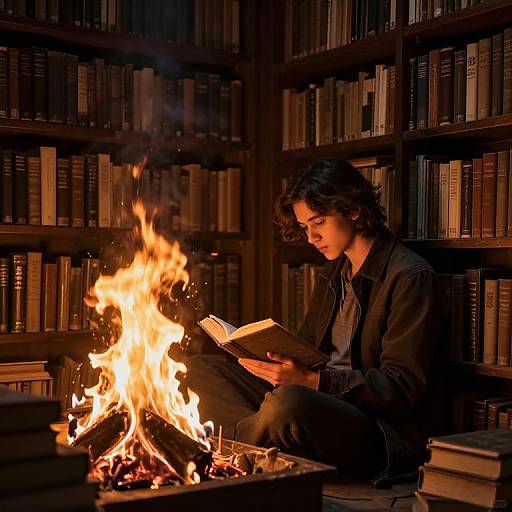 Photograph: Young man with wavy dark hair, wearing a black shirt, reads by a roaring campfire in a dimly lit, wooden-sh