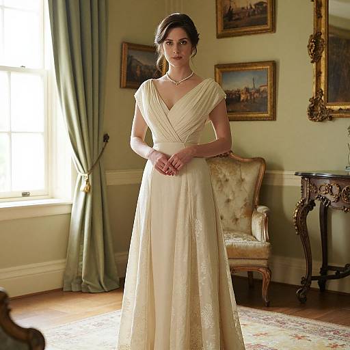 Photograph of a woman in an elegant, cream-colored, V-neck, floor-length gown standing in a luxurious, classical-style living room.