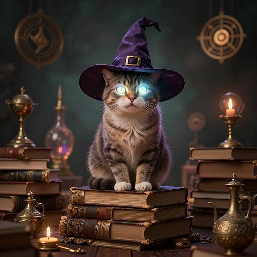 Photorealistic image of a glowing-eyed, tabby cat wearing a purple witch hat, sitting on stacked books, surrounded by candles, oil lamps,