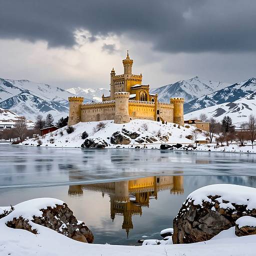 Photograph of a medieval castle with golden sunlight, surrounded by snow-covered mountains and a reflective frozen lake, under a dramatic cloudy sky.