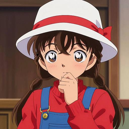 Anime-style drawing of a young girl with brown hair in pigtails, wearing a white hat with a red band, red turtleneck, and