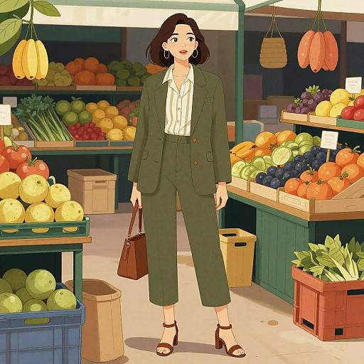 Petite Woman in Olive Green Pantsuit