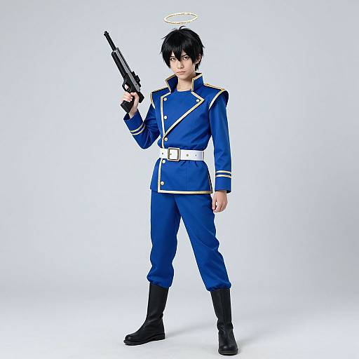 Digital illustration of a black-haired anime-style boy in a blue military uniform with white trim, holding a gun, halo above head, standing against a white