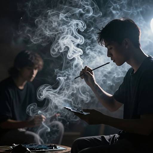 Photograph of two silhouetted men smoking, with swirling white smoke illuminated against a dark background, one holding a cigarette and a tablet.