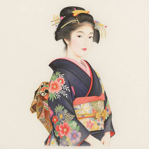 Digital illustration of an Asian woman in a colorful, floral-patterned black kimono, with intricate hairpins, standing against a white background.