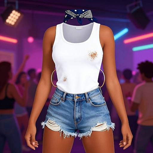 Digital CGI of a dark-skinned woman in a white, slightly stained tank top, high-waisted, frayed denim shorts, and a black