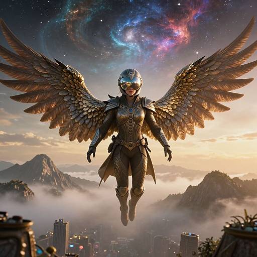 Digital art of a winged, armored angel with golden feathers, helmet, and futuristic armor flying over a misty city at sunset, with a vibrant